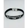 Siyah Deri / Çelik  Erkek Deri Bileklik 20 Cm  - Ebl0079
