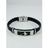 Siyah Deri / Çelik  Erkek Deri Bileklik 20 Cm  - Ebl0115