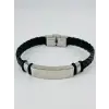 Siyah Deri / Çelik  Erkek Deri Bileklik 20 Cm  - Ebl0057