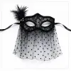 Siyah Dantel Tüllü Peçeli Parti Maskesi - Tüylü İnci Detaylı