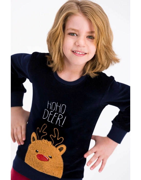 Rolypoly Hoho Deer Lacivert Erkek Çocuk Kadife Pijama Takımı