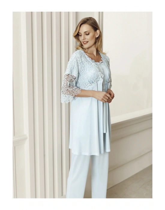 Kadın Mavi 3lü Sabahlık Pijama Takım 6305-3