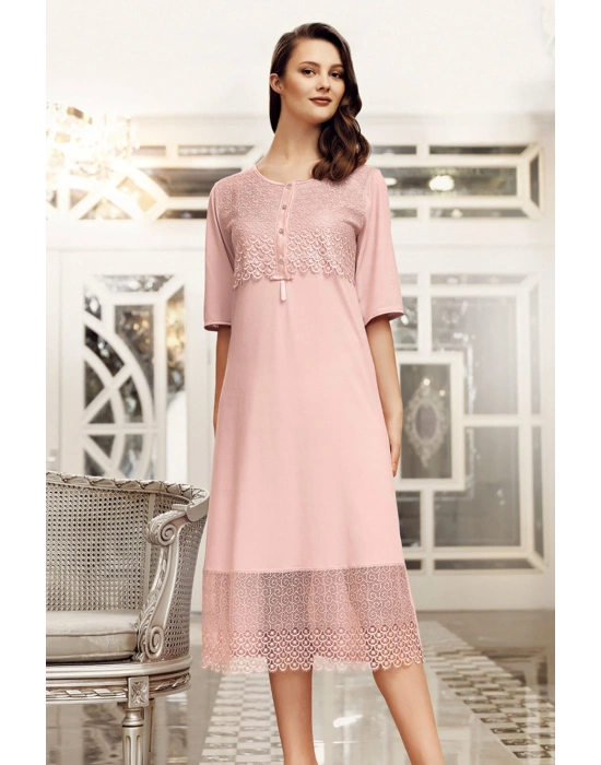 Kadın Pudra Dantelli Penye Gecelik Sabahlık Takımı 6406