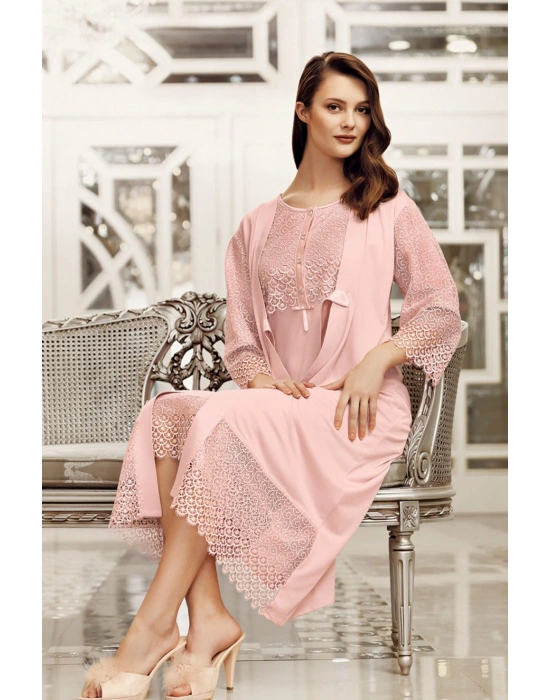 Kadın Pudra Dantelli Penye Gecelik Sabahlık Takımı 6406
