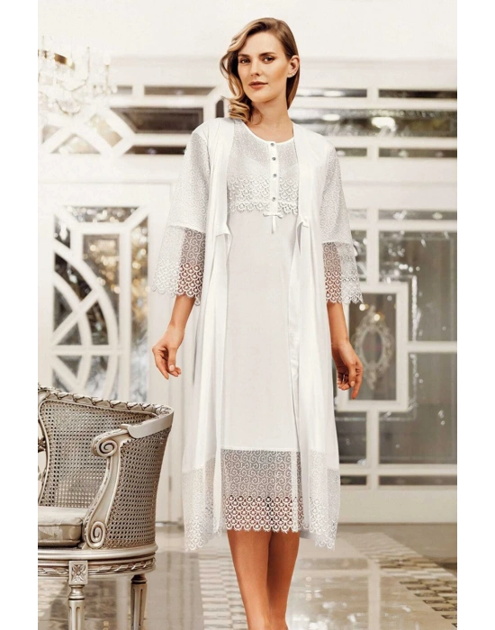 Kadın Ekru Dantelli Penye Gecelik Sabahlık Takımı 6406