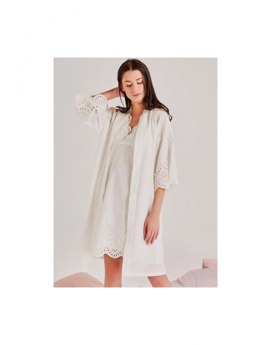 46108 Kendinden Brode Desenli Tek Sabahlık - Ekru