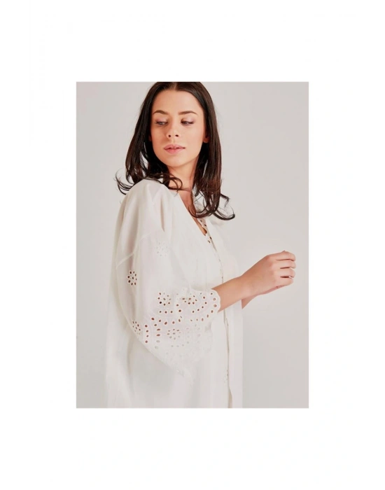 46108 Kendinden Brode Desenli Tek Sabahlık - Ekru