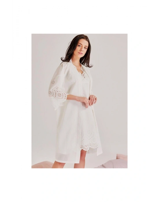 46108 Kendinden Brode Desenli Tek Sabahlık - Ekru