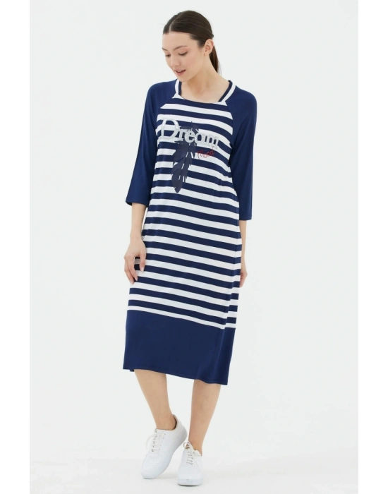 Kadın Lacivert Truvakar Kol Çizgili Marine Elbise