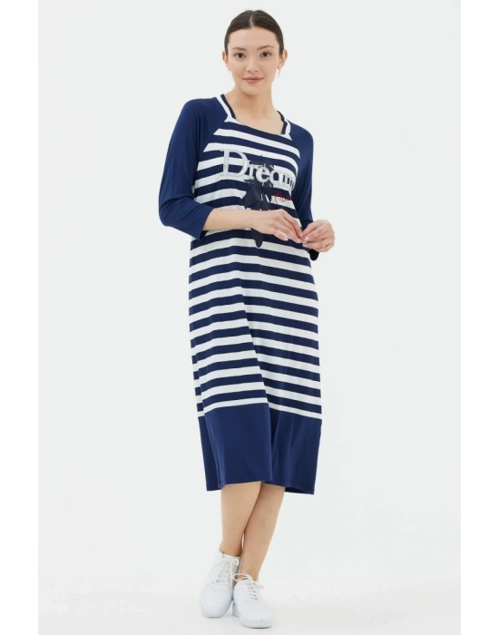 Kadın Lacivert Truvakar Kol Çizgili Marine Elbise