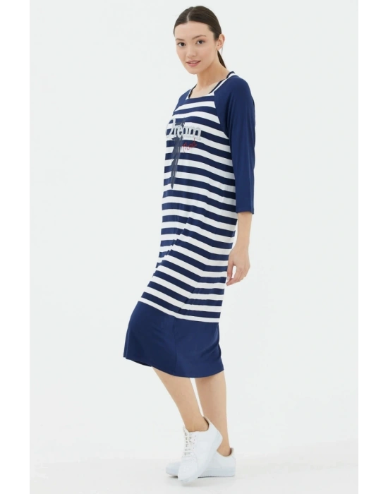 Kadın Lacivert Truvakar Kol Çizgili Marine Elbise