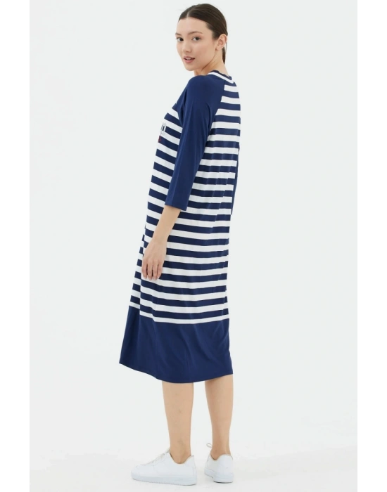 Kadın Lacivert Truvakar Kol Çizgili Marine Elbise