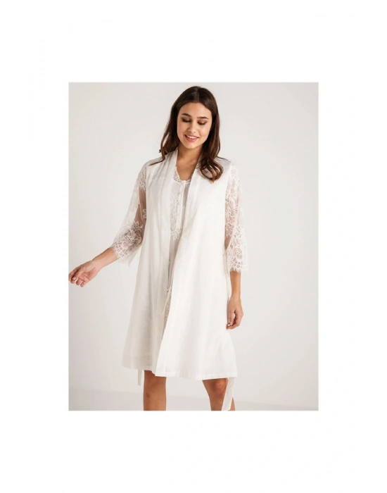 26414 Koton Dantelli Sabahlık Gecelik Takım - Ekru