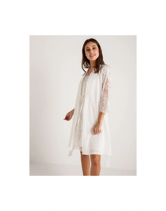 26414 Koton Dantelli Sabahlık Gecelik Takım - Ekru