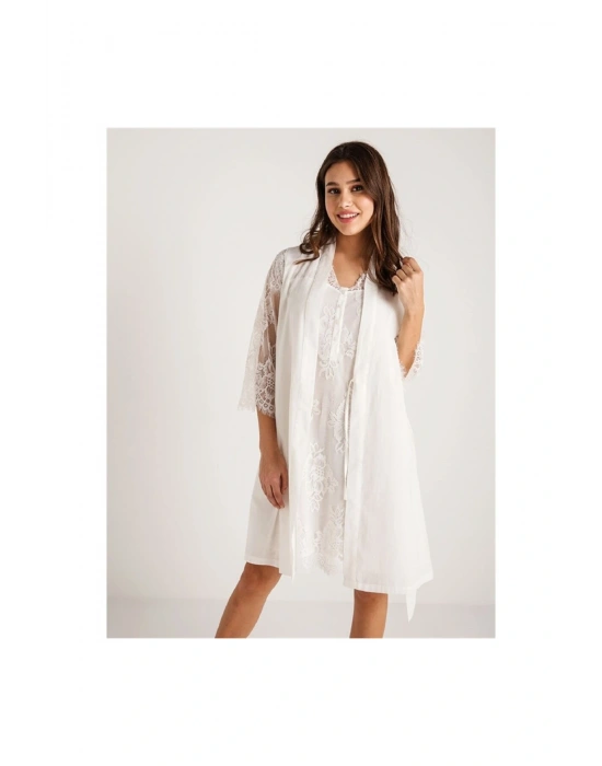 26414 Koton Dantelli Sabahlık Gecelik Takım - Ekru