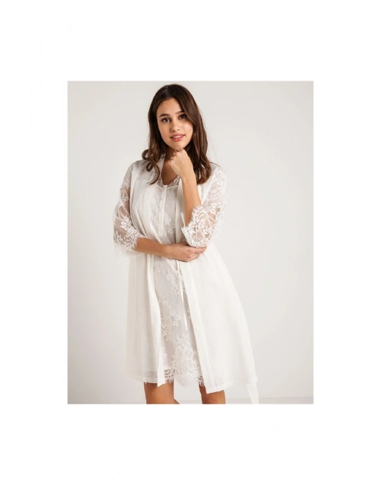 26414 Koton Dantelli Sabahlık Gecelik Takım - Ekru