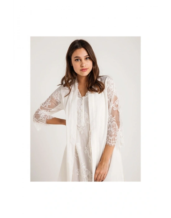 26414 Koton Dantelli Sabahlık Gecelik Takım - Ekru