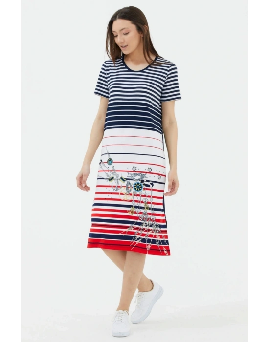 Kadın  Kısa Kol Marine Desenli Elbise - Lacivert