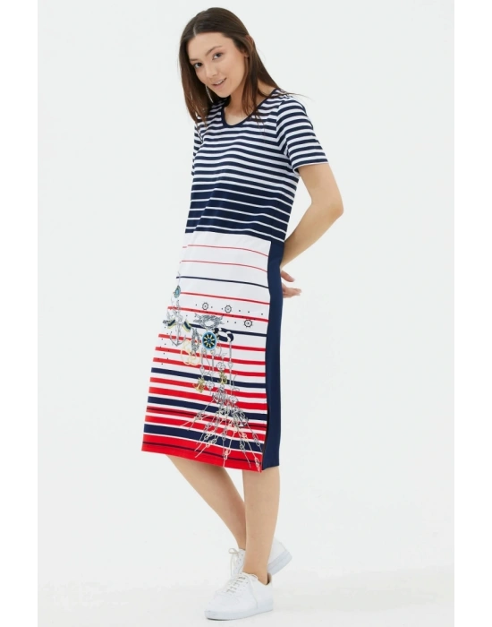 Kadın  Kısa Kol Marine Desenli Elbise - Lacivert