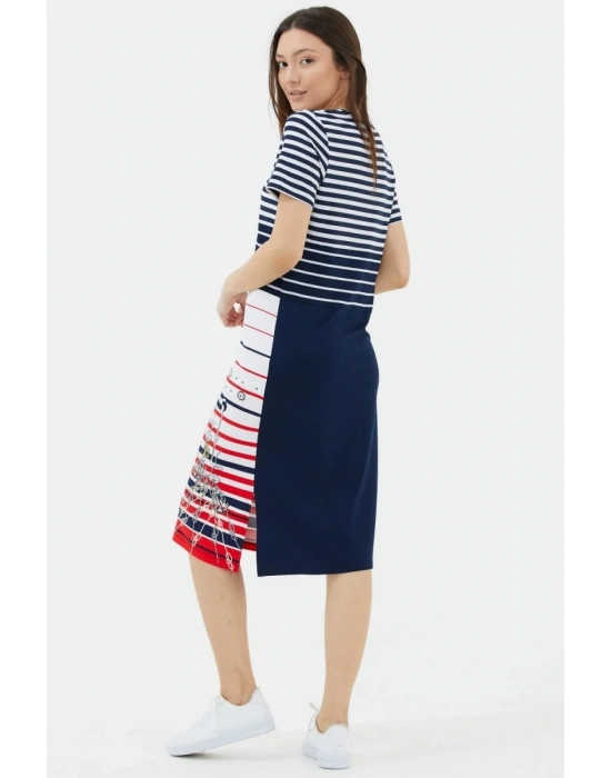 Kadın  Kısa Kol Marine Desenli Elbise - Lacivert