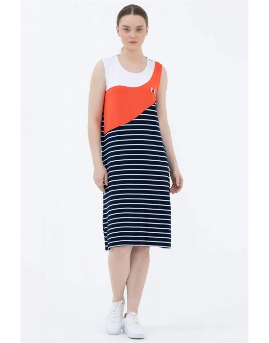 Kalın Askılı Çizgili Elbise - Lacivert