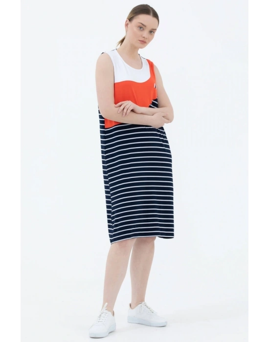 Kalın Askılı Çizgili Elbise - Lacivert