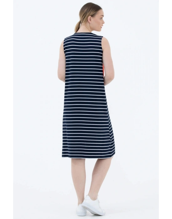 Kalın Askılı Çizgili Elbise - Lacivert