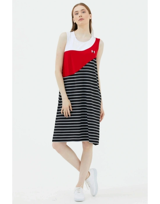 Kalın Askılı Çizgili Elbise - Siyah