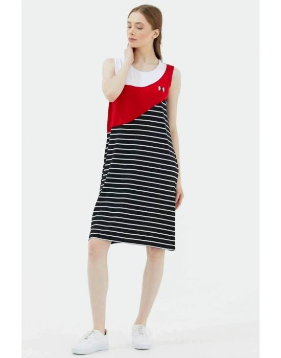 Kalın Askılı Çizgili Elbise - Siyah