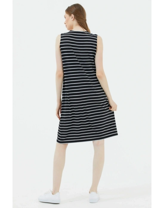 Kalın Askılı Çizgili Elbise - Siyah