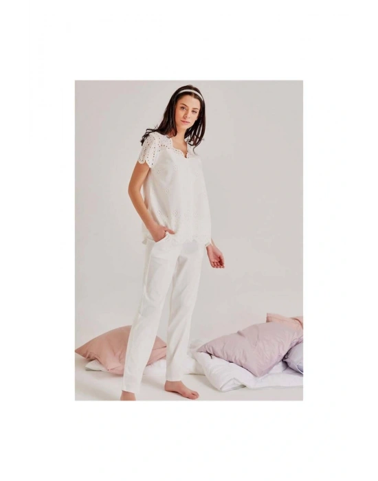 19108 Kendinden Brode Desenli Pijama Takım - Ekru