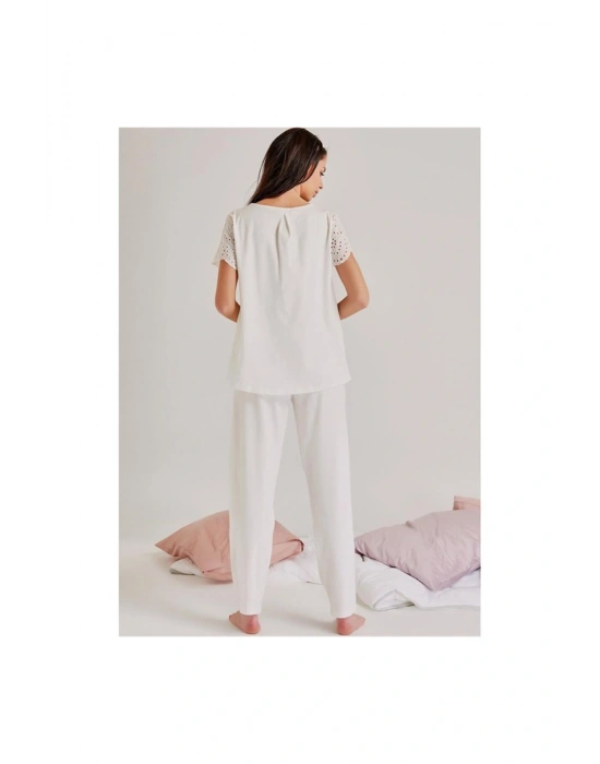 19108 Kendinden Brode Desenli Pijama Takım - Ekru