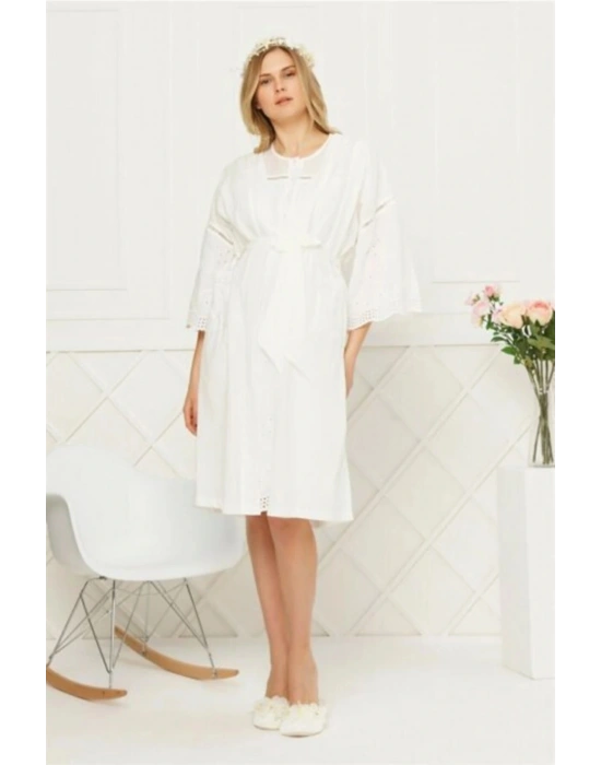 Kadın Ekru Lohusa Pamuklu Gecelik Sabahlık Takım