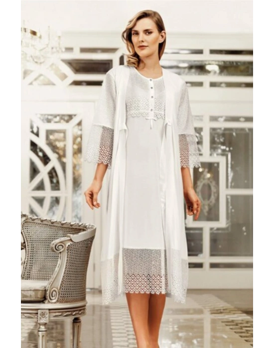 6406 Sabahlık Gecelik 2li Takım Ekru