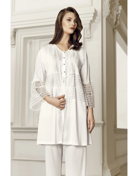 Kadın Ekru 3lü Sabahlık Pijama Takım-6304-1