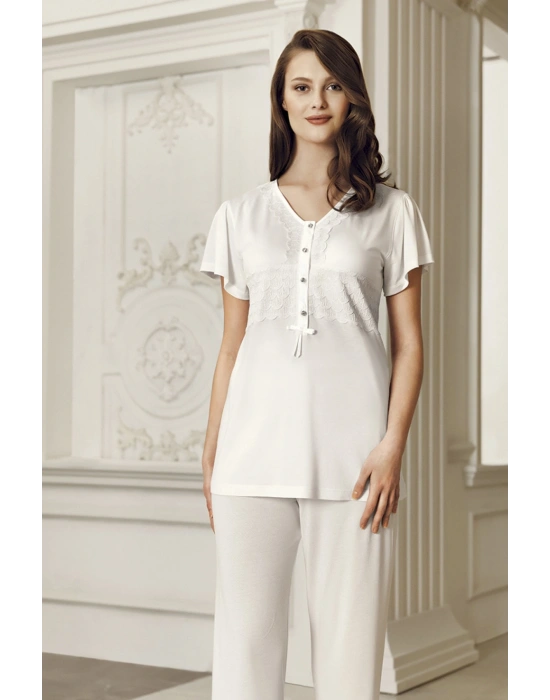 Kadın Ekru 3lü Sabahlık Pijama Takım-6304-1