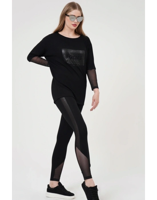 22261 Deri Detaylı Tayt Takım