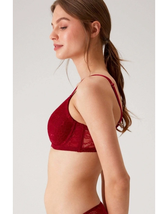 Kadın Bordo 6224 Balenli Desteksiz Dantelli Toparlayıcı Sütyen