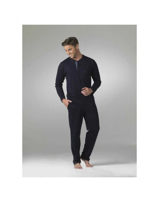 Erkek Uzun Kol Çeyiz Lacivert Pijama Takım 5454