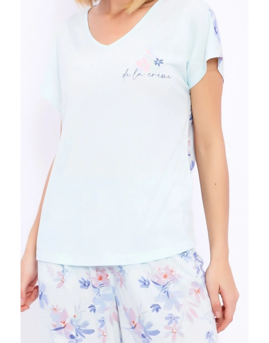 Çiçek Desenli Nil Mavisi Kadın Kapri Takım