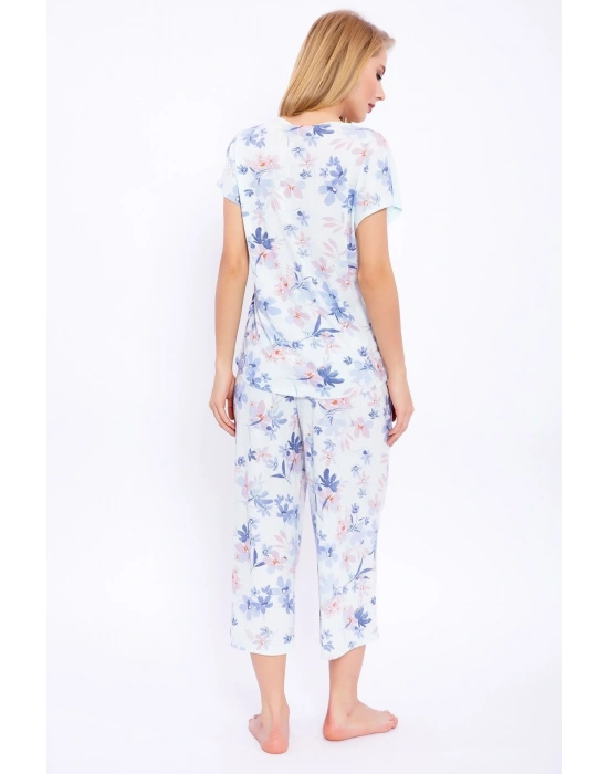 Çiçek Desenli Nil Mavisi Kadın Kapri Takım