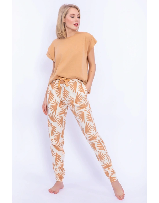 Yaprak Desenli Camel Kadın Slim Fit Takım