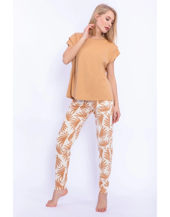 Yaprak Desenli Camel Kadın Slim Fit Takım