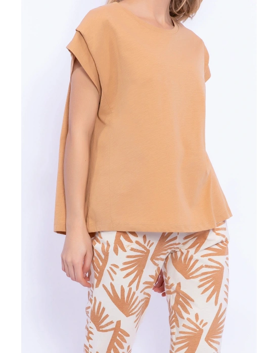 Yaprak Desenli Camel Kadın Slim Fit Takım