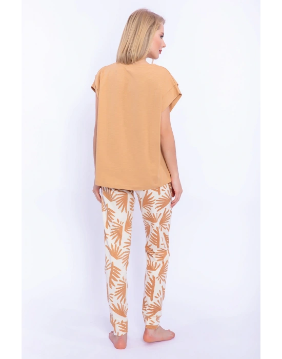 Yaprak Desenli Camel Kadın Slim Fit Takım