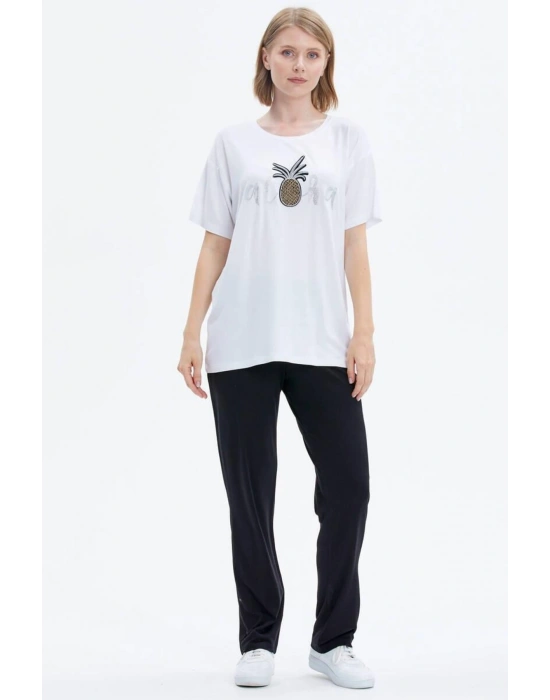 Nakış Detaylı Kadın Penye Takım  Beyaz  Siyah