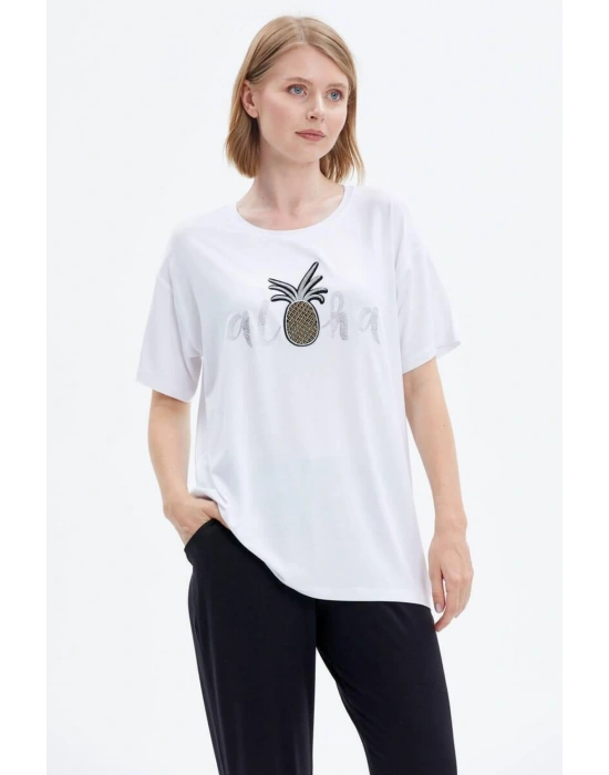 Nakış Detaylı Kadın Penye Takım  Beyaz  Siyah