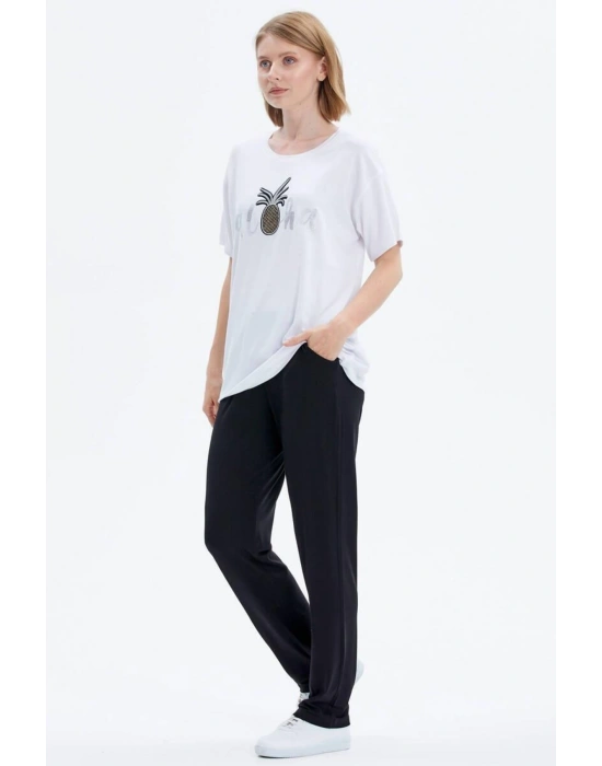 Nakış Detaylı Kadın Penye Takım  Beyaz  Siyah