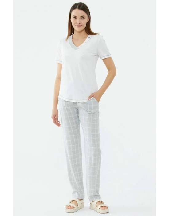 Ekose Desenli Takım - Ekru