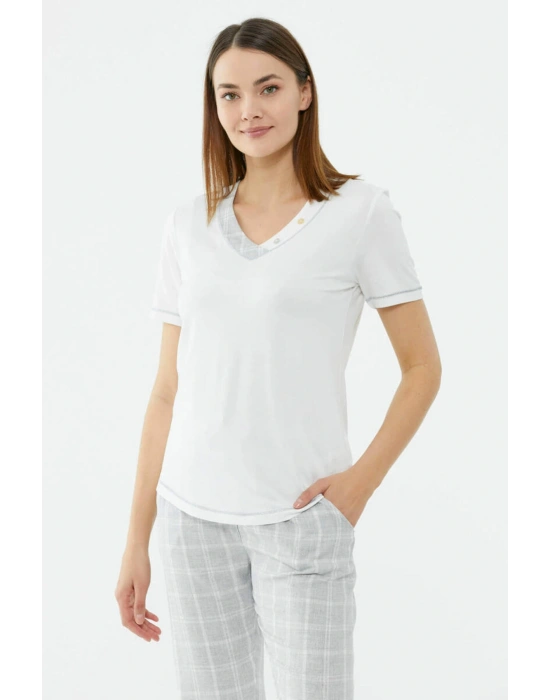 Ekose Desenli Takım - Ekru